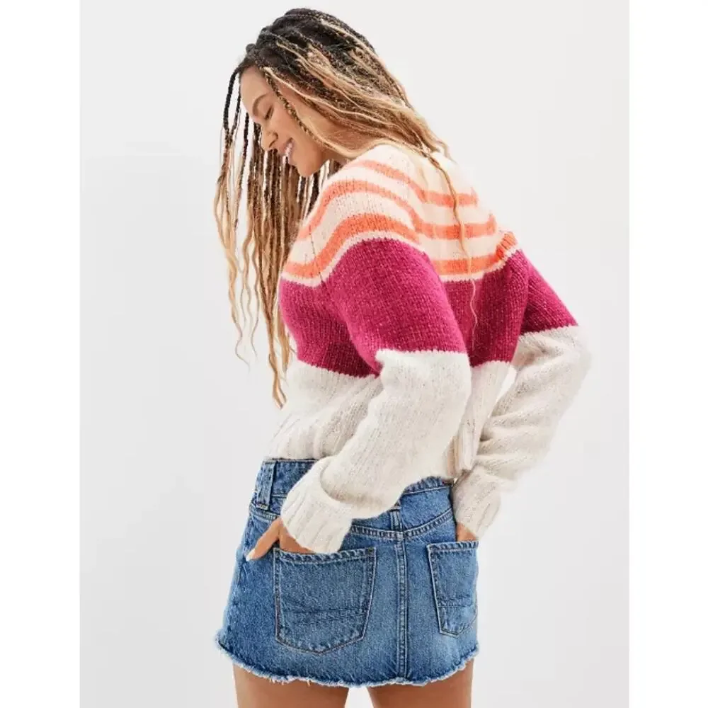 American Eagle Striped Cardigan Button Front Multicolor Pink Cream Fuzzy Size XS